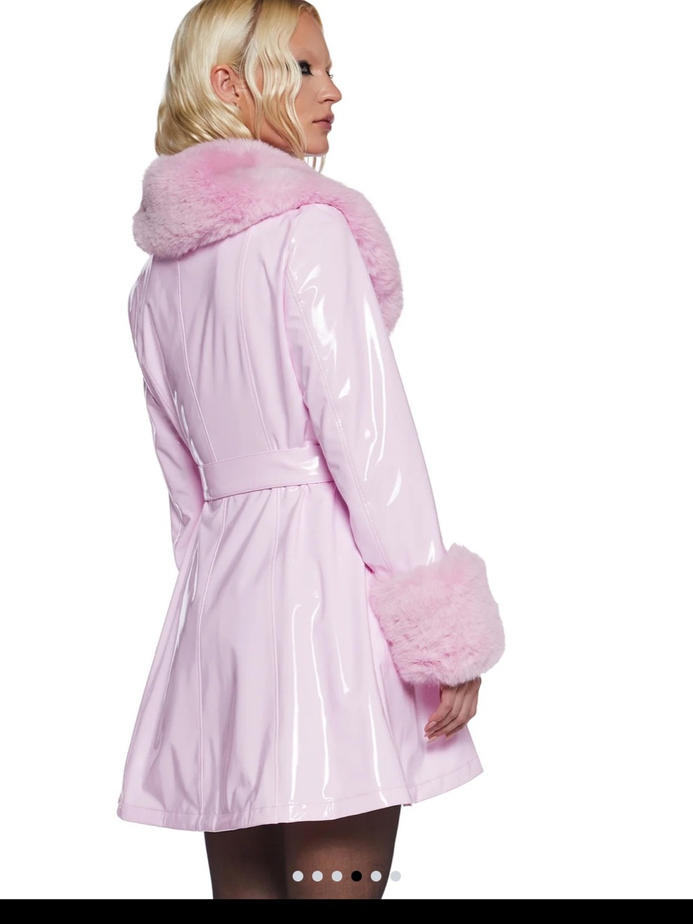 Sugar Thrillz Pastel Pink Vinyl Trench Coat with Faux-Fur Trim - Picture 3 of 6